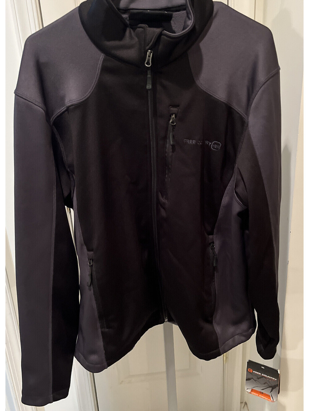 Free Country Womens Fleece Jacket Gray Black Zip Up Stretch Arm Pocket XL NWT